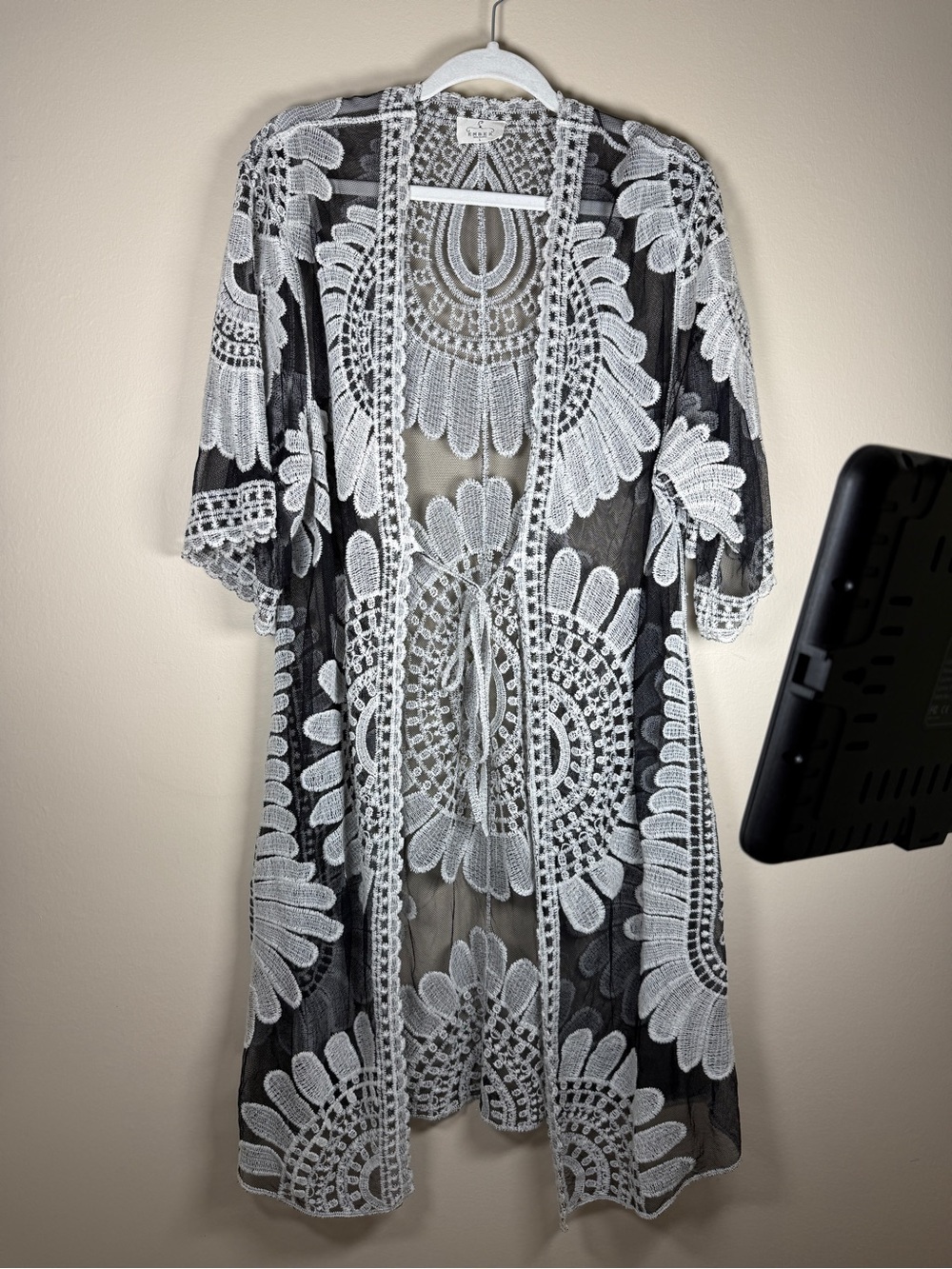 Ember Black Sheer Crochet Kimono Embroidery Duster Whimsigoth Western Boho - Picture 4 of 10